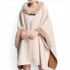 UNBRANDED- Soft and warm cream and brown faux fur hooded poncho- Size: